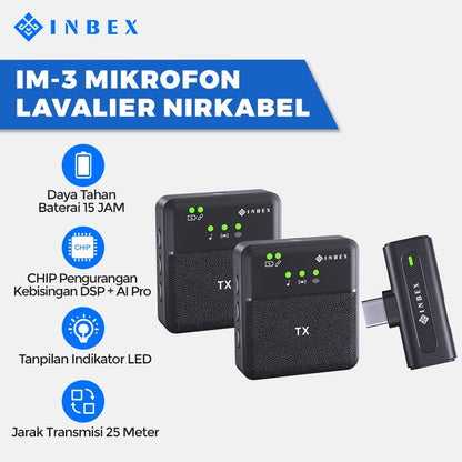 INBEX IM-3 Microphone Wireless 2.4G Wireless Microphone System, DPS Intelligent Noise Cancellation, Lavalier Wireless Mikrofon YouTube TikTok Facebook Live Video
